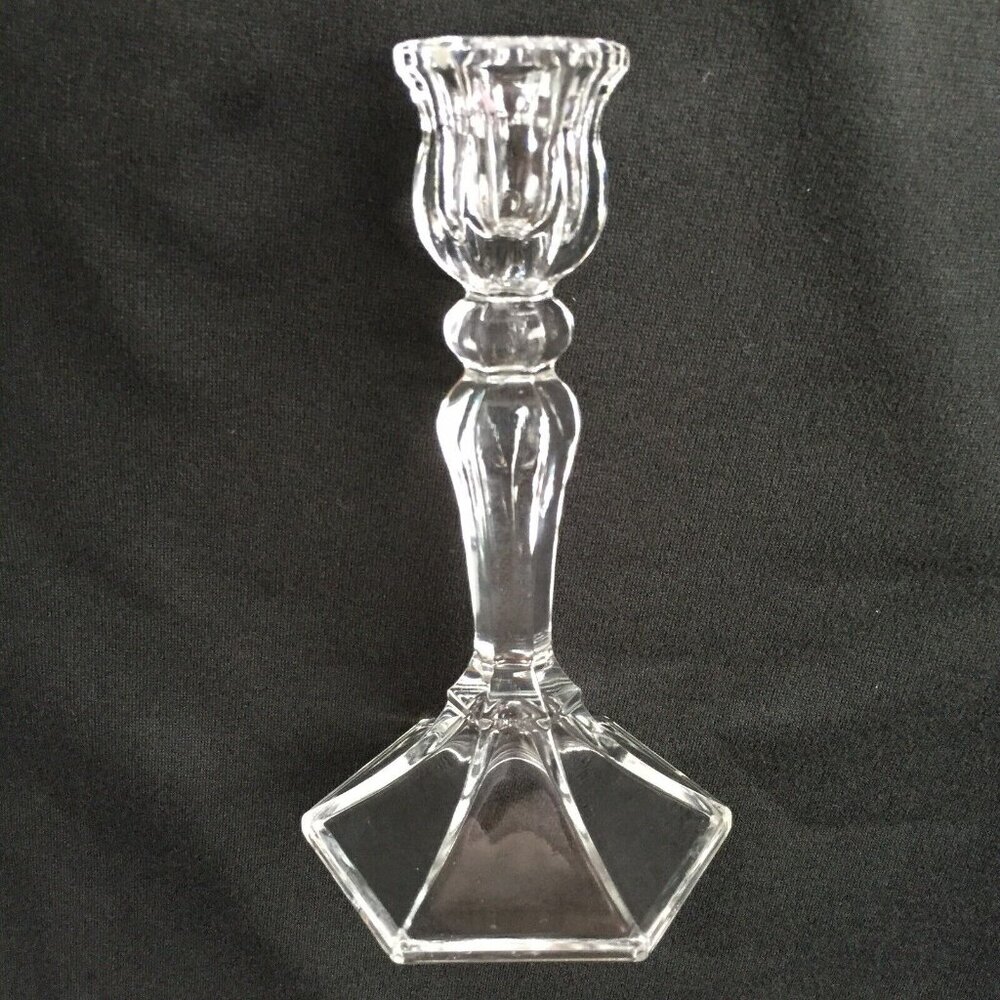 Clear Art Glass Candlestick Holder Knobbed Cut Glass Hexagonal Base Vintage